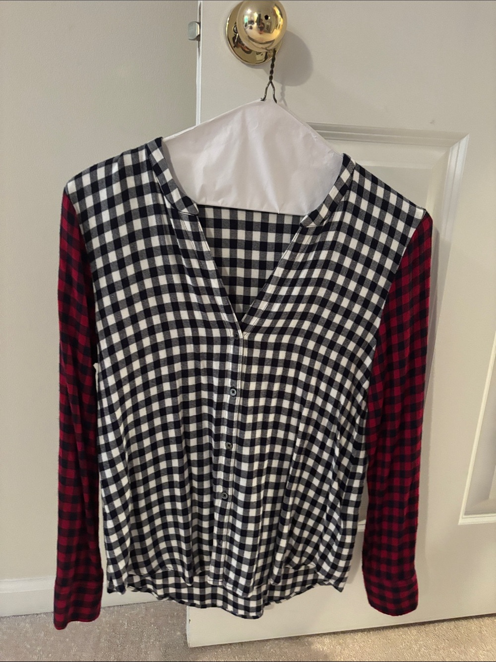 Soft Joie Black & White Gingham Button-Down with Red Plaid Sleeves